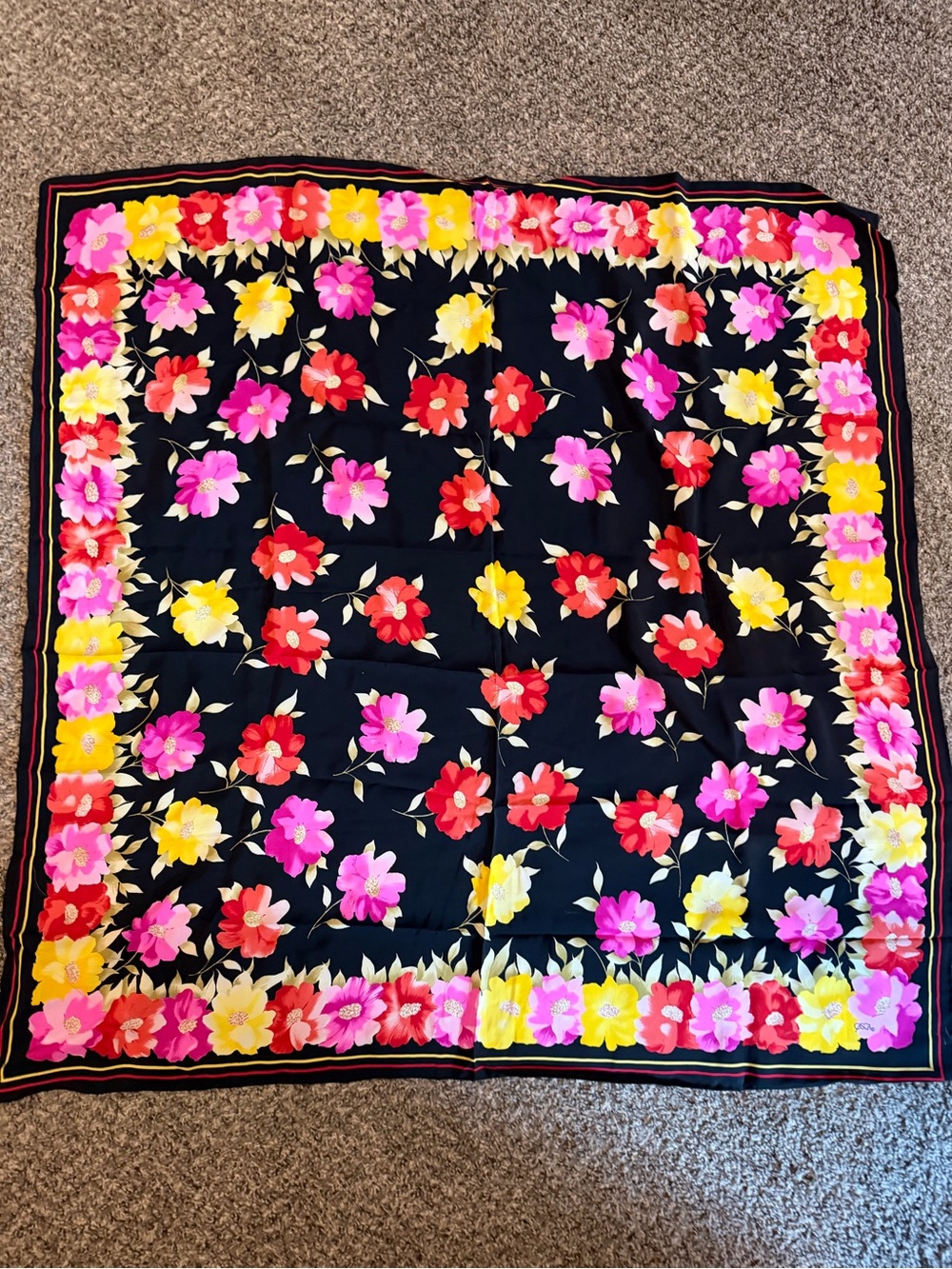 Casca silk Floral Black Square Scarf with Pink, Red & Yellow Blooms